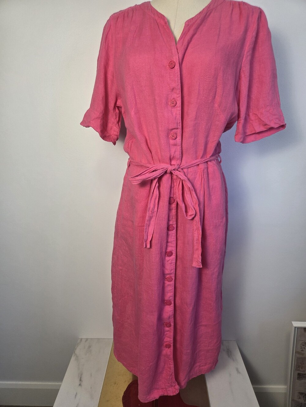 ARMOR LUX Pink 100% Linen Button Down Tie Waist Shirt Dress Size 38